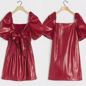Anthropologie Faux Leather Red Mini Dress Bow-Back Detail Medium Holiday Festive